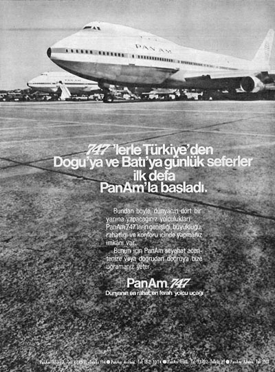 1972 A Turkish language ad promoting Pan Am's Round the World 747 service with daily stops in Istanbul.